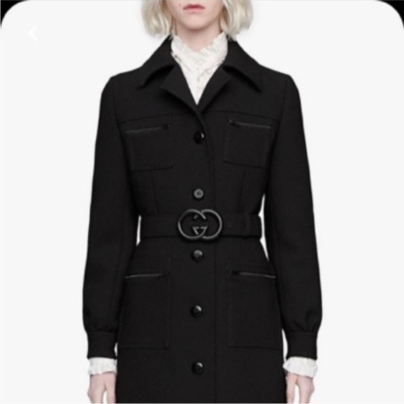 GUCCI black wool jacket large logo belt button down cuff long coat Luxury NWT - Picture 2 of 16